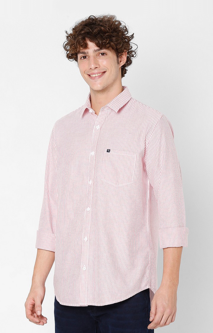 Men's Red Cotton Striped Casual Shirts