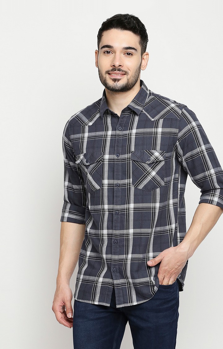 spykar | Men's Grey Cotton Checked Casual Shirts