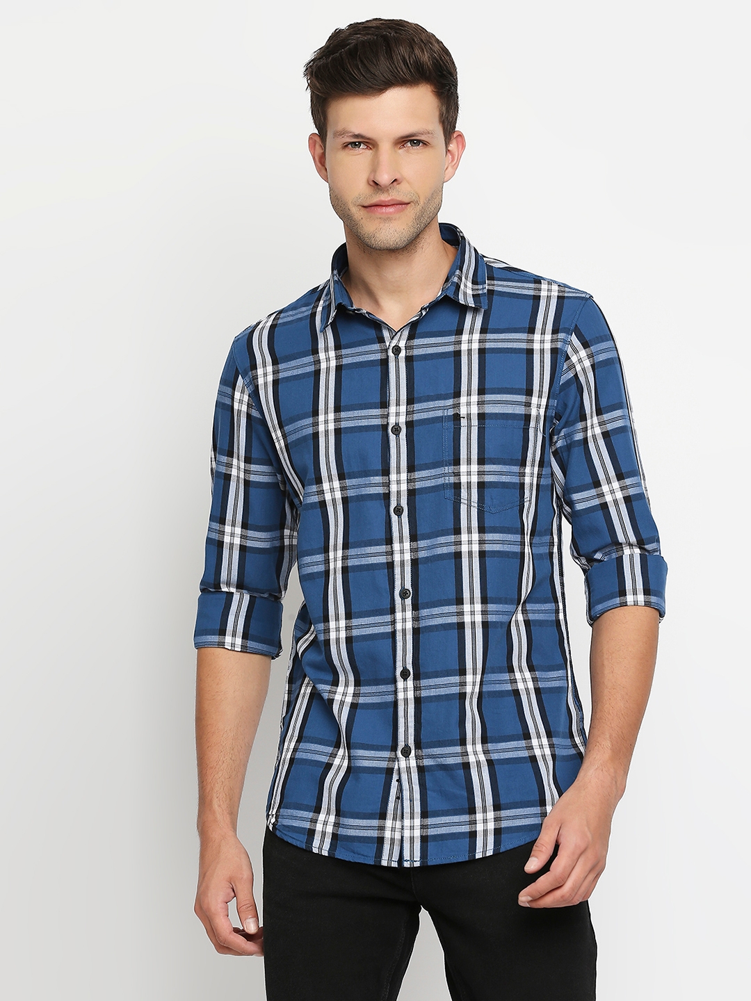 Spykar | Spykar Men Blue Slim Fit Full Sleeve Checkered Shirt