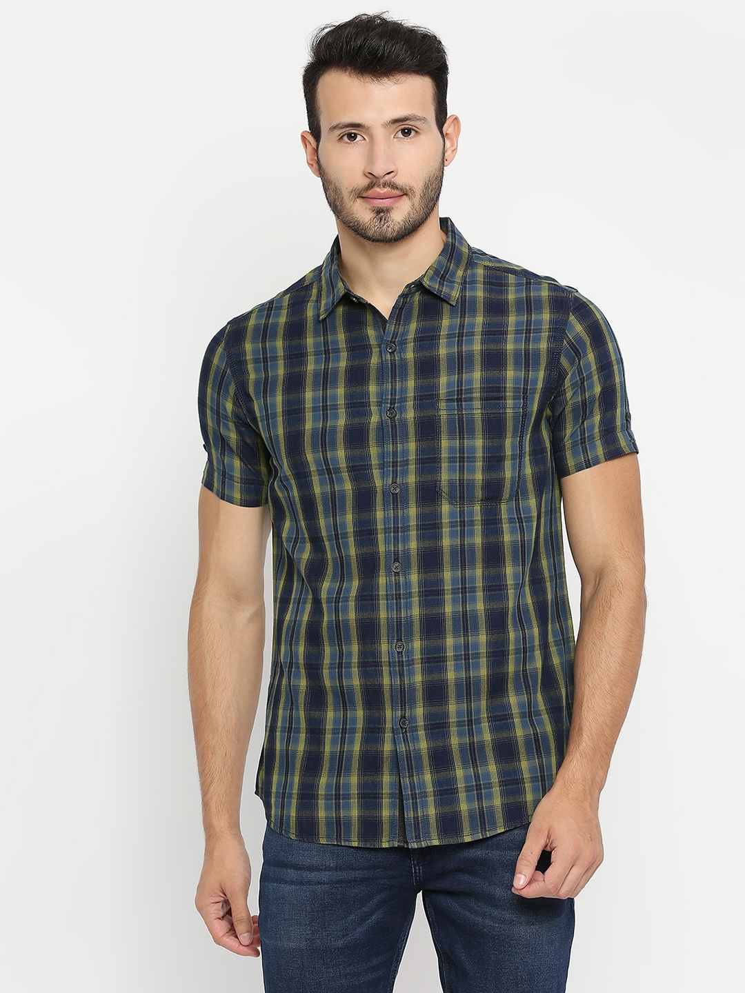 Spykar | Spykar Pista Green Cotton Half Sleeve Checks Shirt For Men