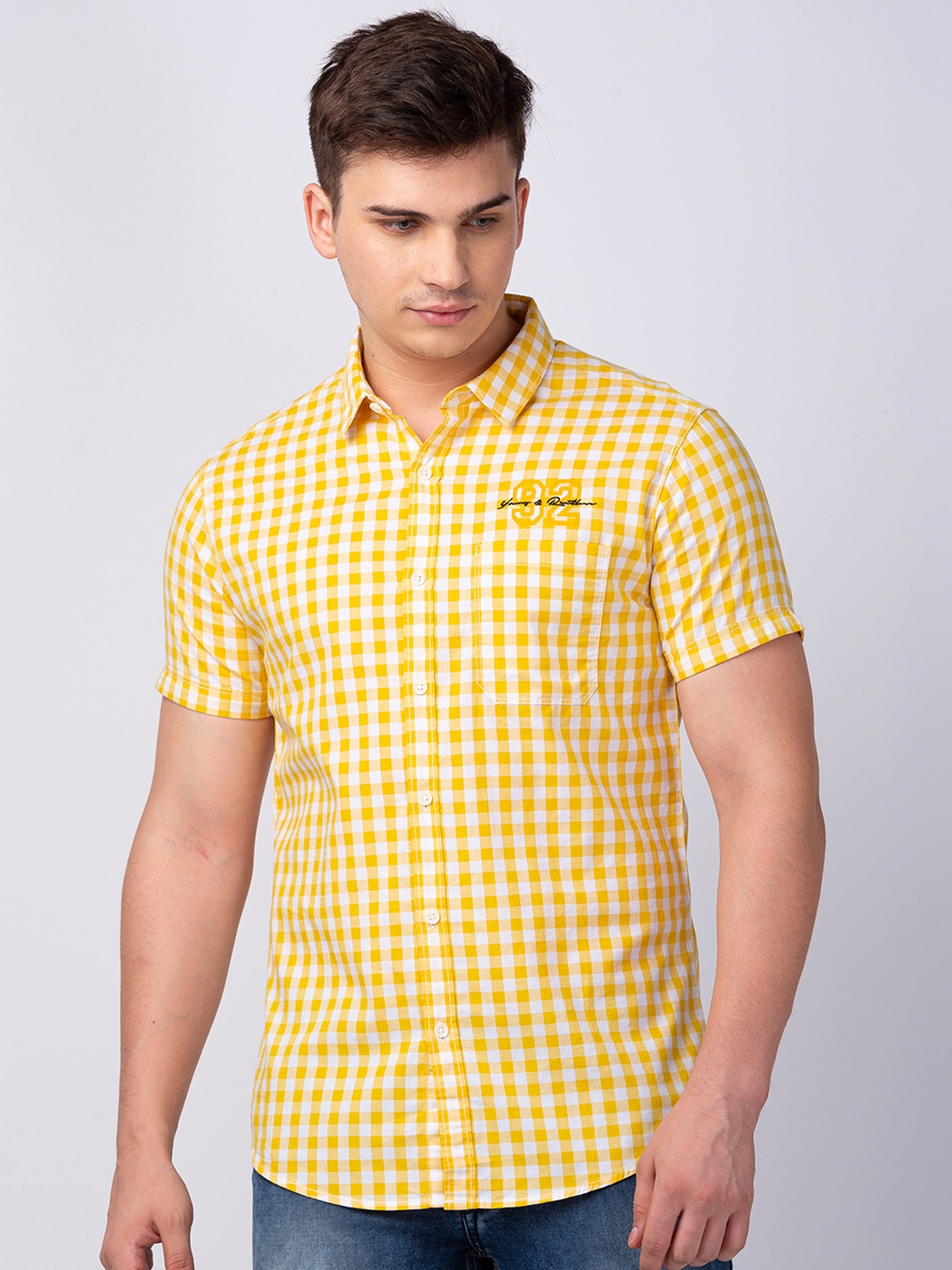 spykar | Men's Yellow Cotton Checked Casual Shirts