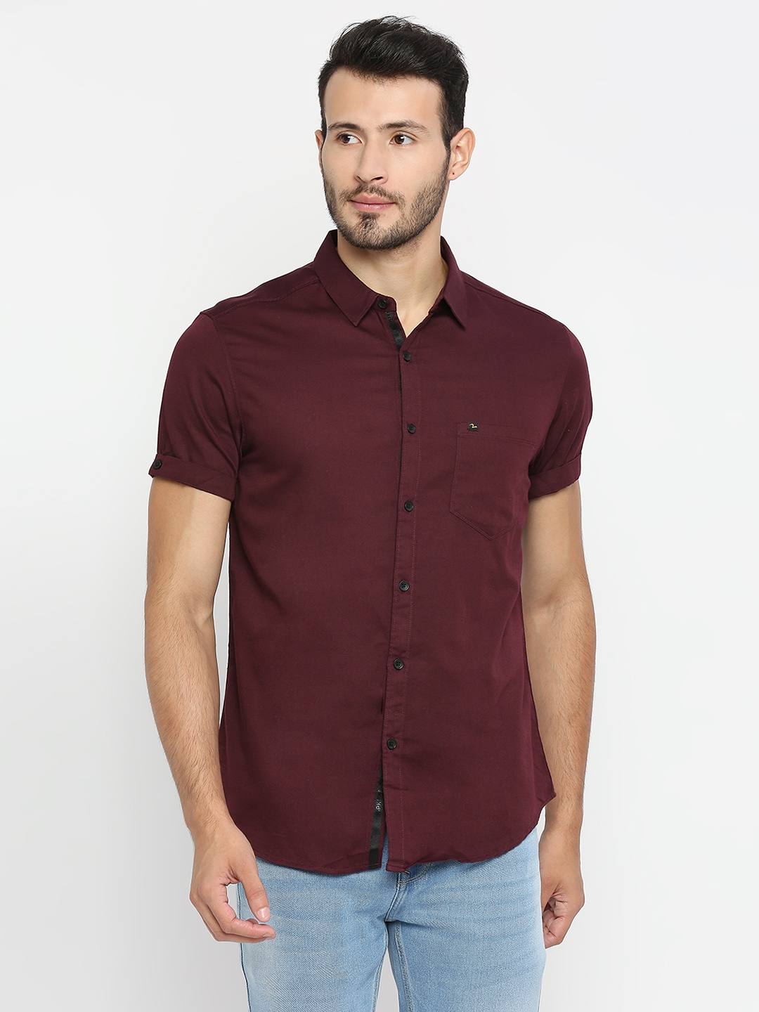 Spykar | Spykar Wine Red Cotton Half Sleeve Plain Shirt For Men