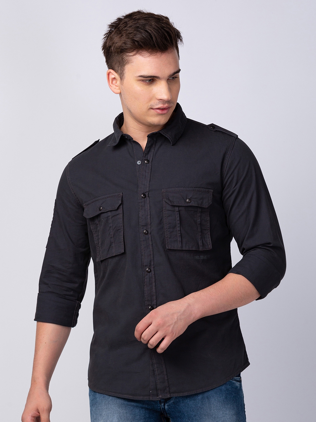 spykar | Men's Grey Cotton Solid Casual Shirts