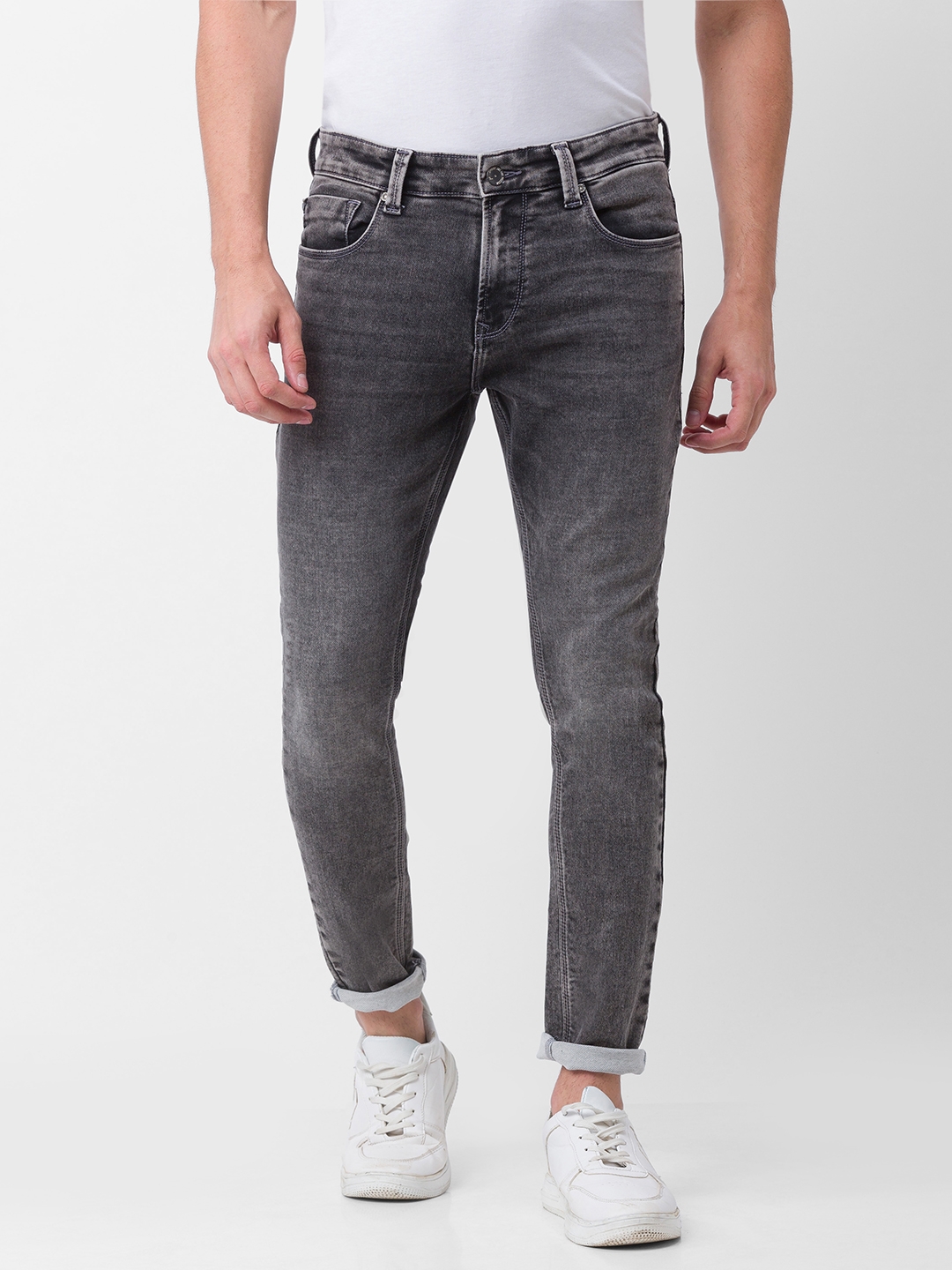 Spykar | Spykar Charcoal Grey Cotton Slim Fit Tapered Length Jeans For Men (Kano)