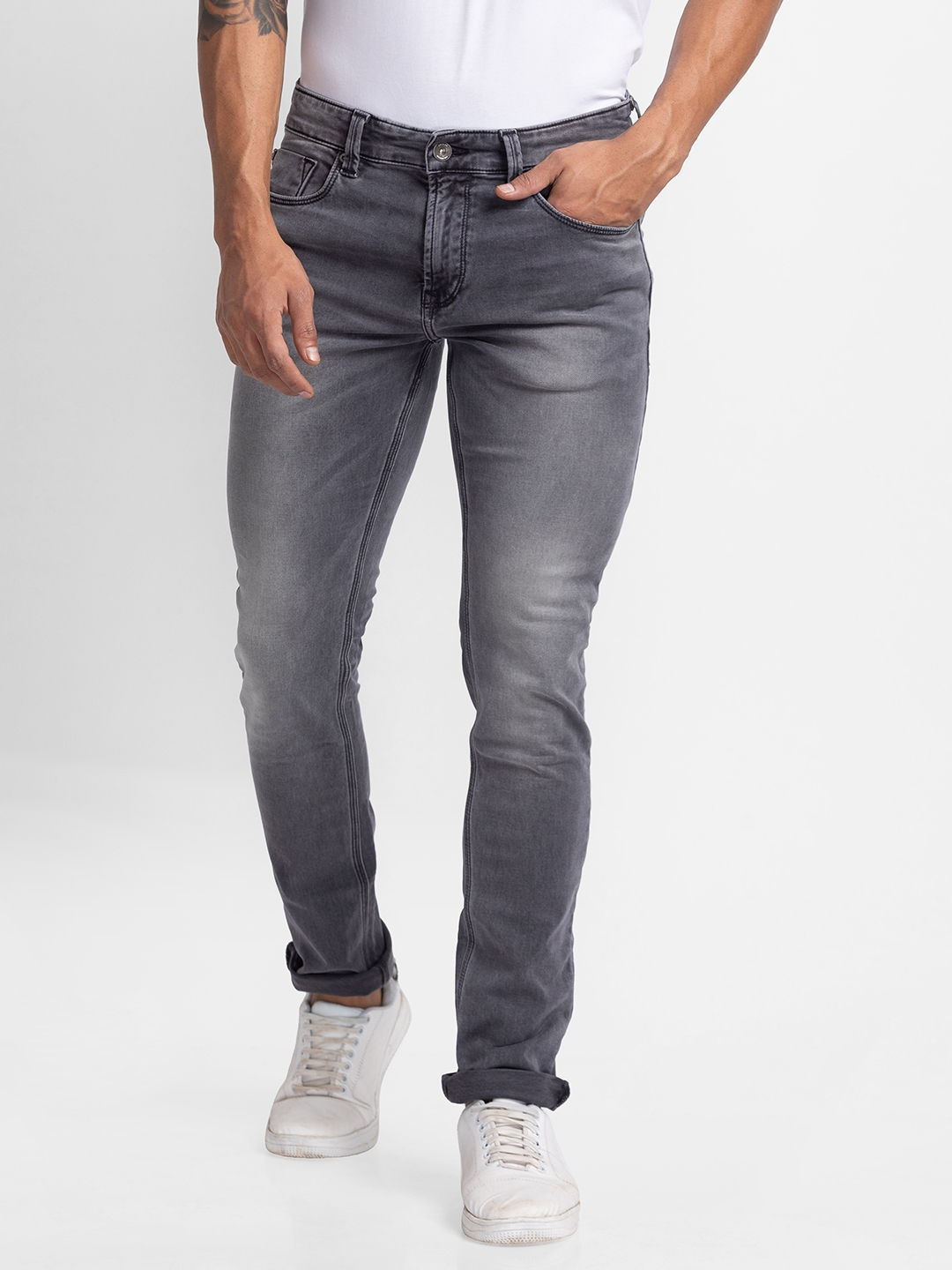 Men's Grey Cotton Solid Regular Jeans