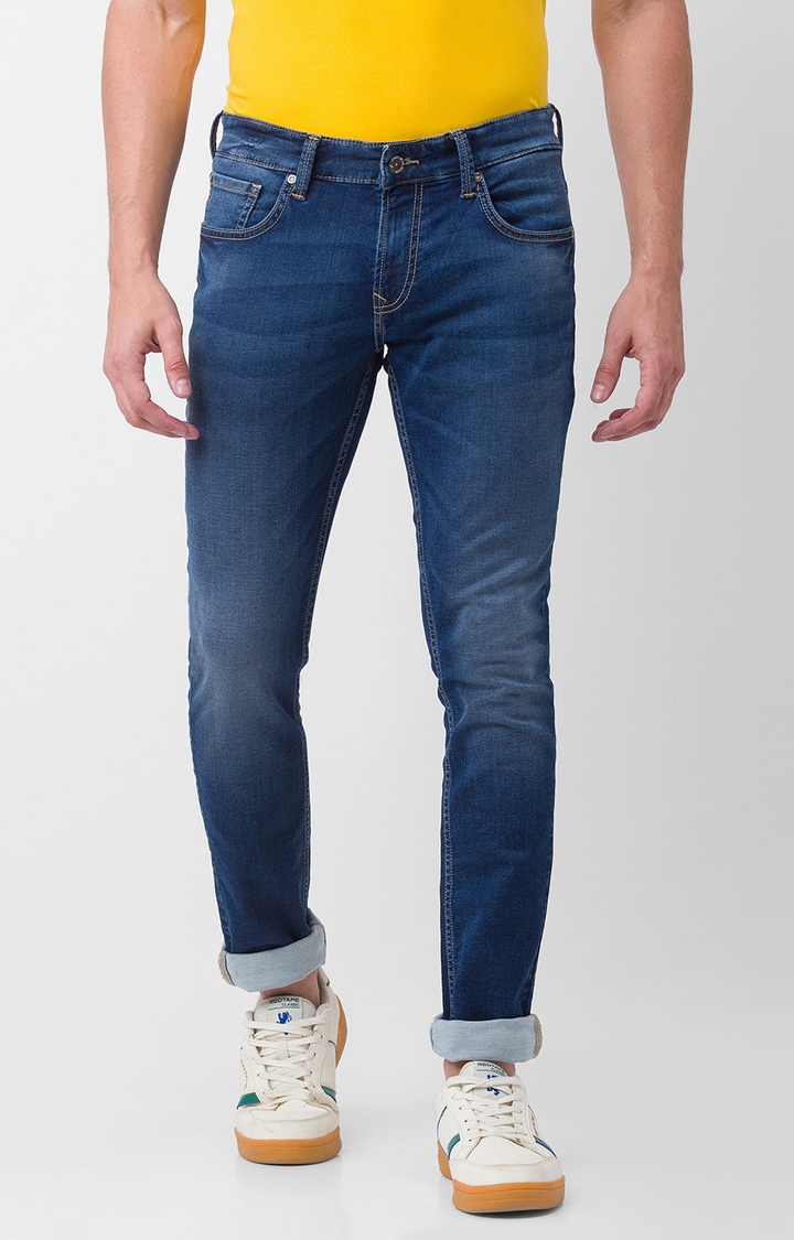 Spykar | Spykar Mid Blue Cotton Slim Fit Narrow Length Jeans For Men (Skinny)
