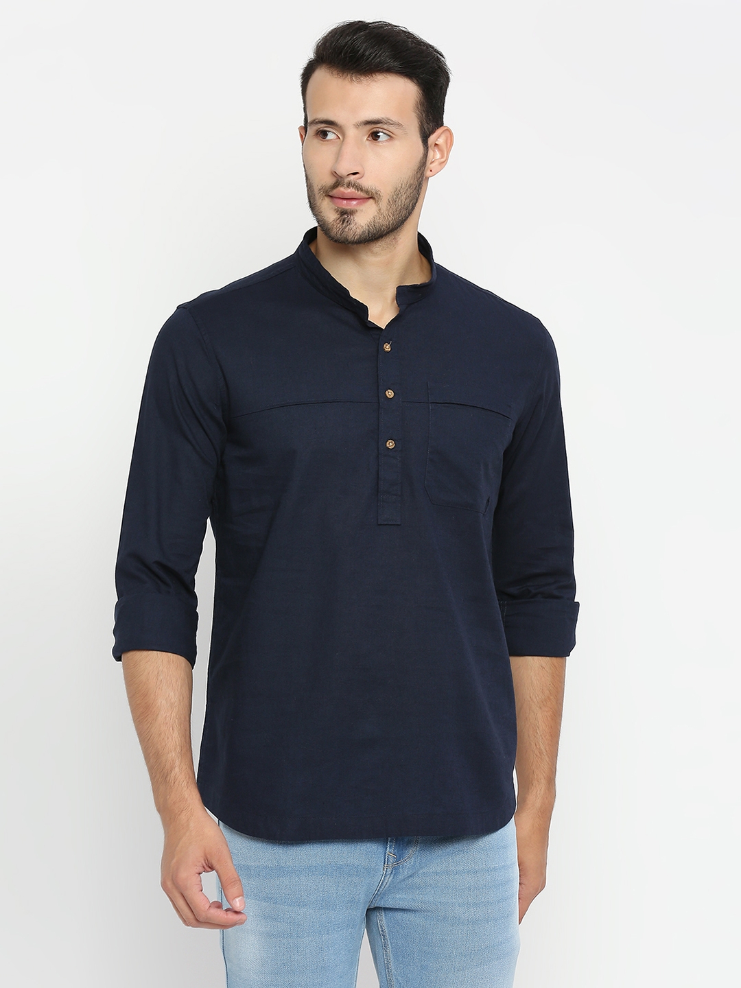 Spykar | Spykar Navy Cotton Linen Full Sleeve Plain Shirt For Men