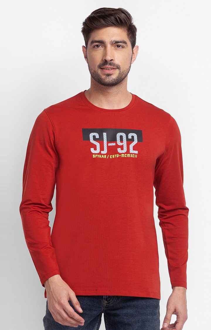 Spykar Brick Red Cotton Full Sleeve Printed Casual T-Shirt For Men