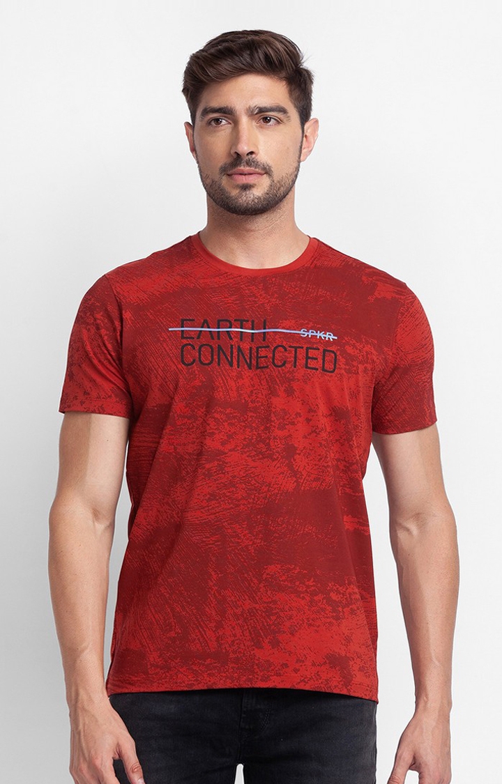Spykar Brick Red Cotton Half Sleeve Printed Casual T-Shirt For Men