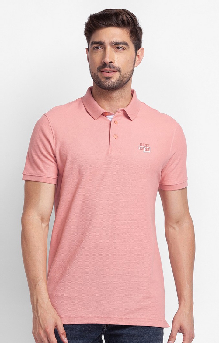 Spykar Peach Pink Cotton Half Sleeve Plain Casual Polo T-Shirt For Men