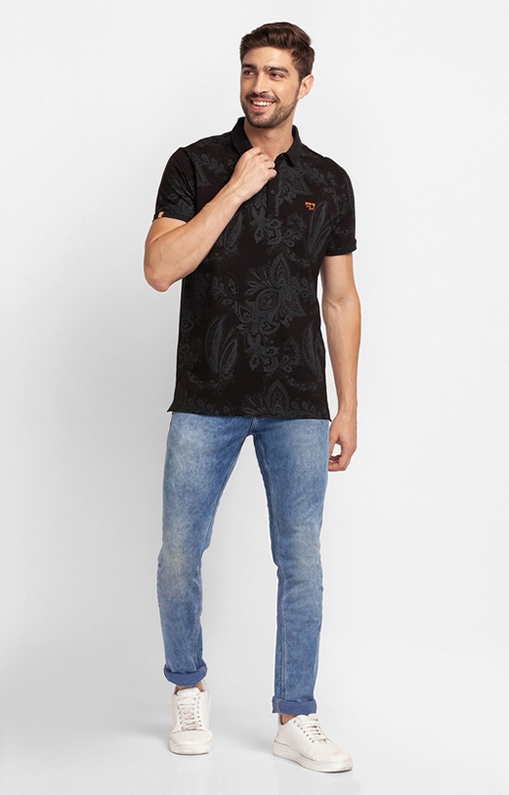 Spykar Black Cotton Half Sleeve Printed Casual Polo T-Shirt For Men