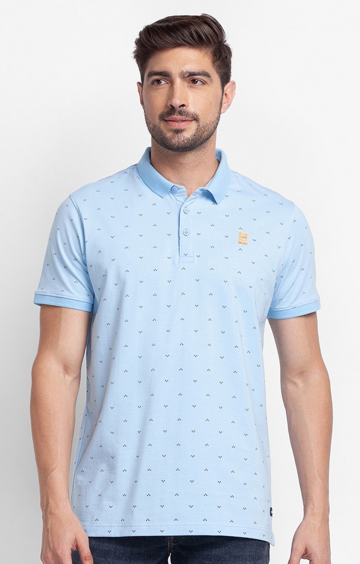 Spykar Powder Blue Cotton Half Sleeve Printed Casual Polo T-Shirt For Men