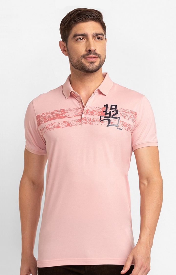 Spykar Dusty Pink Cotton Half Sleeve Printed Casual Polo T-Shirt For Men