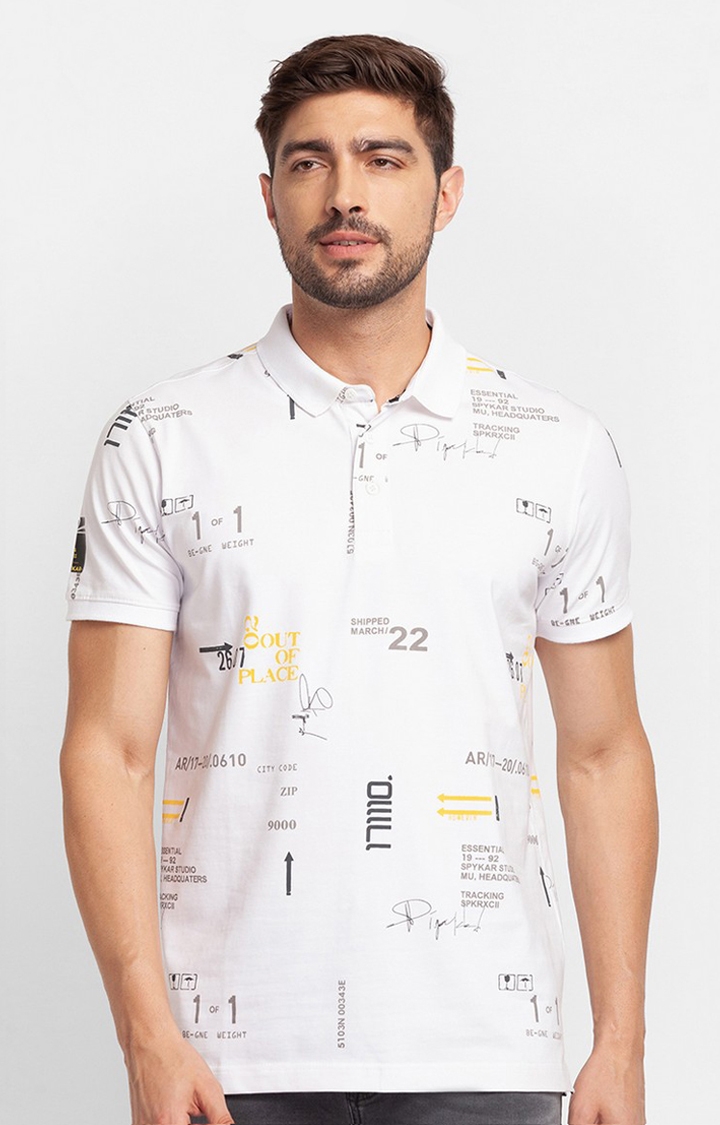 spykar | Spykar White Cotton Half Sleeve Printed Casual Polo T-Shirt For Men