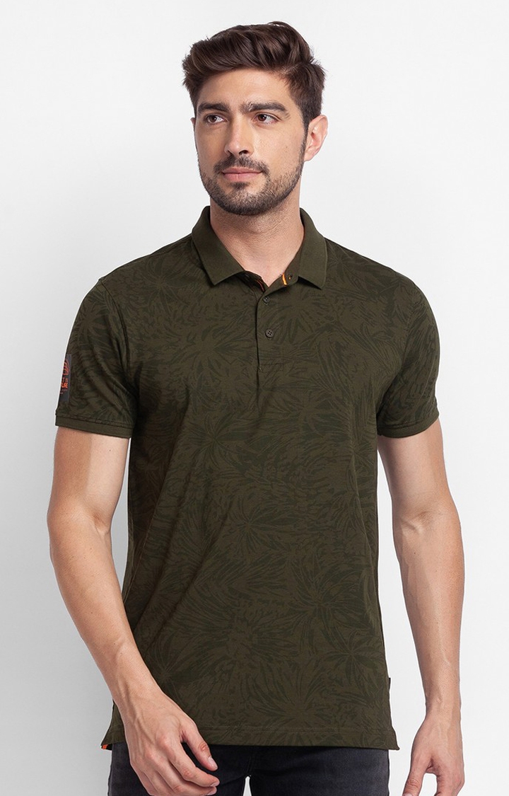 Spykar Rifle Green Cotton Half Sleeve Printed Casual Polo T-Shirt For Men