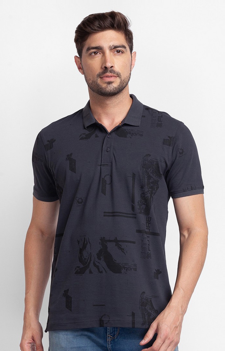Spykar Slate Grey Cotton Half Sleeve Printed Casual Polo T-Shirt For Men