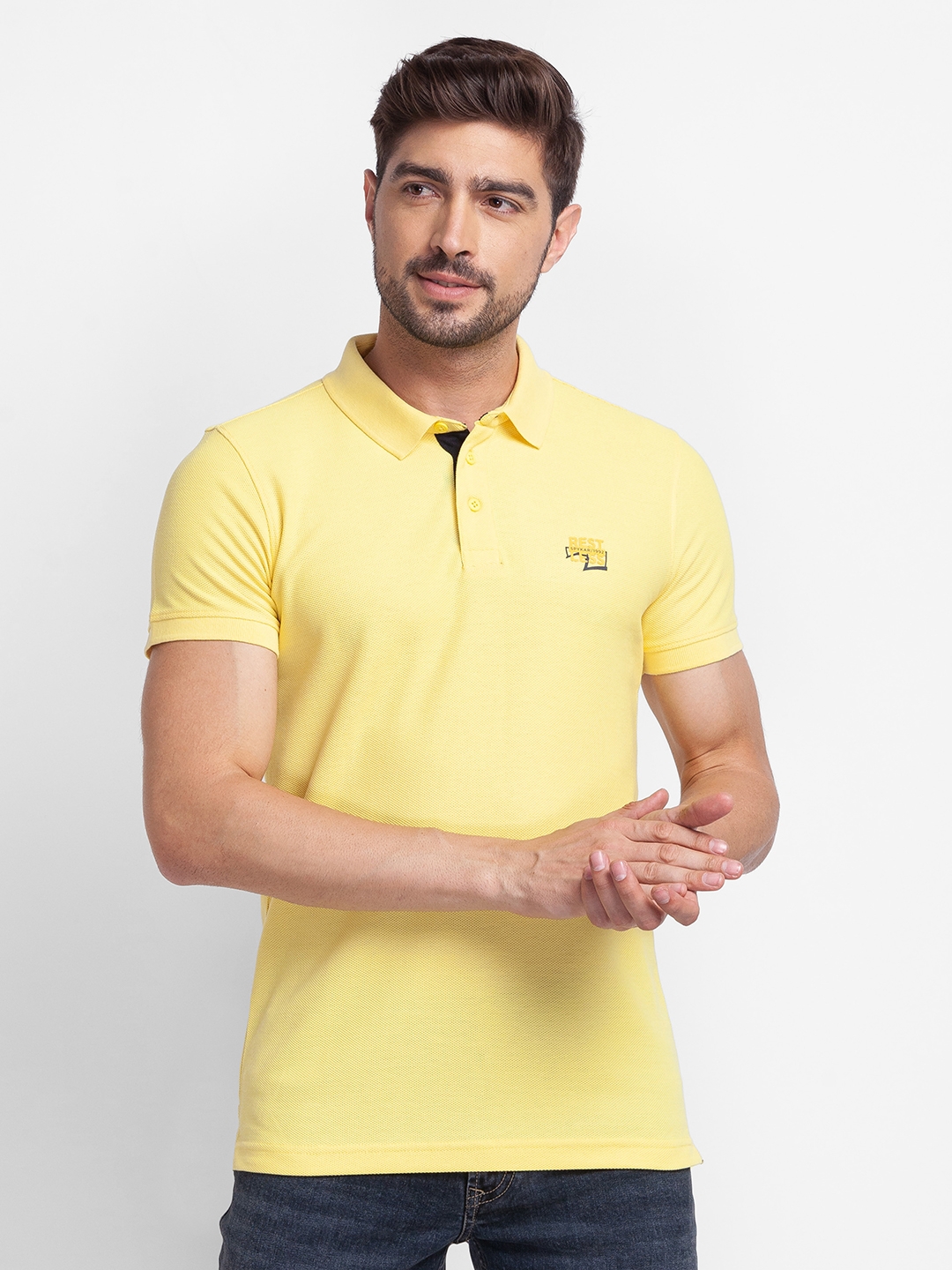 Spykar | Spykar Yellow Cotton Half Sleeve Plain Casual T-Shirt For Men