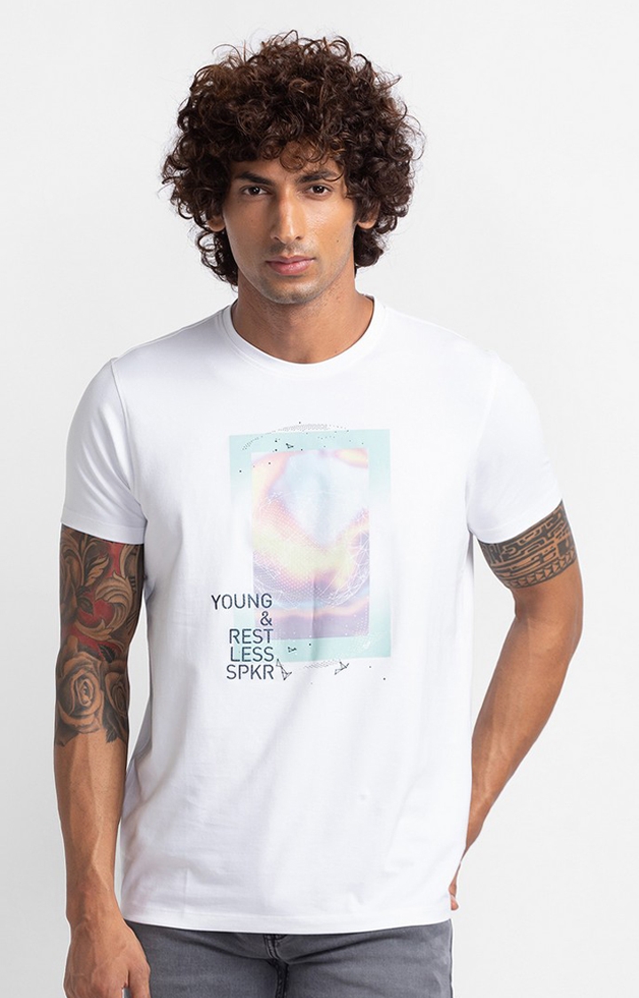 Spykar | Spykar White Cotton Half Sleeve Printed Casual T-Shirt For Men