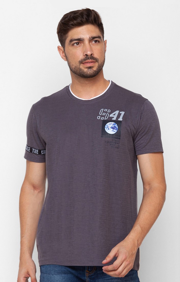 Spykar Charcoal Grey Cotton Half Sleeve Printed Casual T-Shirt For Men