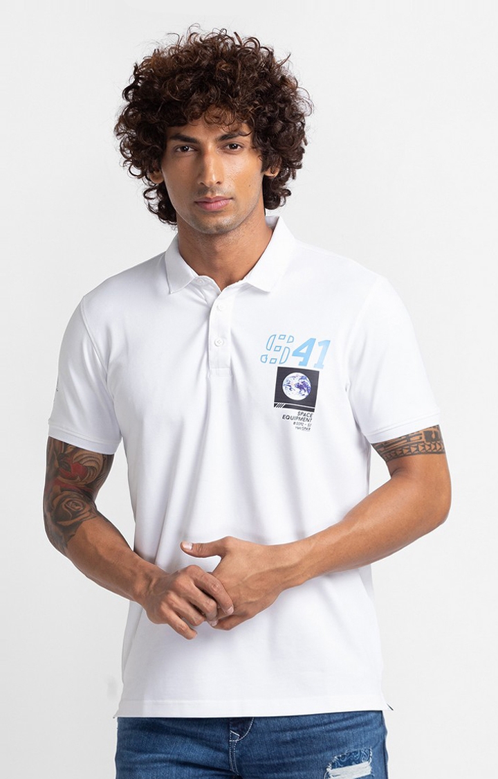 Spykar | Spykar White Cotton Half Sleeve Plain Casual Polo T-Shirt For Men