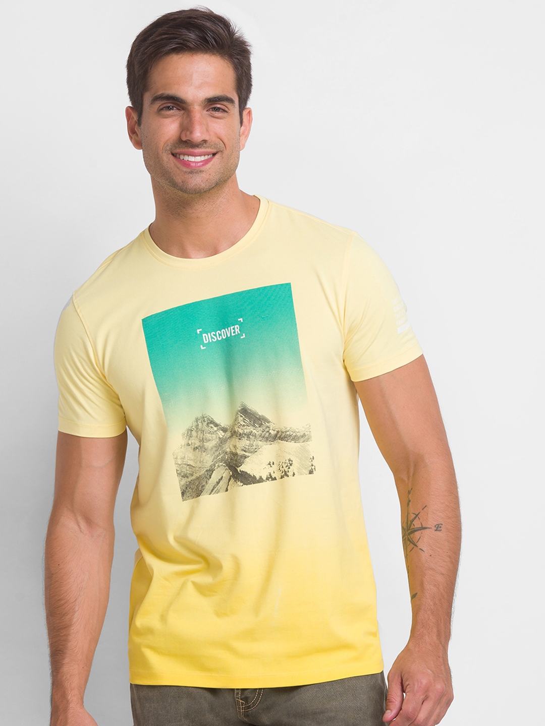 Spykar | Spykar Butter Yellow Cotton Half Sleeve Printed Casual T-Shirt For Men