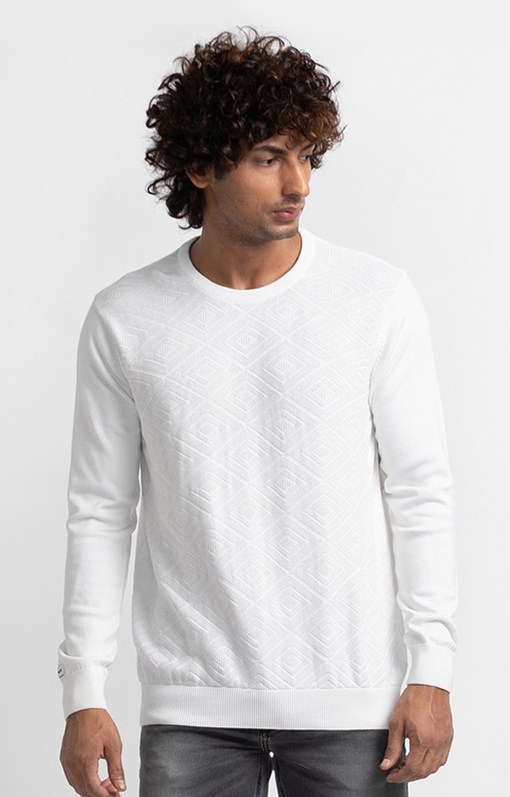 Spykar | Spykar White Cotton Full Sleeve Casual Sweater For Men