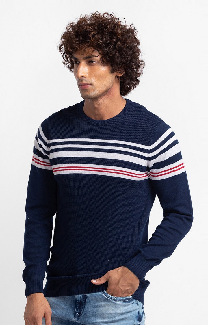 Spykar Navy Ash Melange Cotton Full Sleeve Casual Sweater For Men