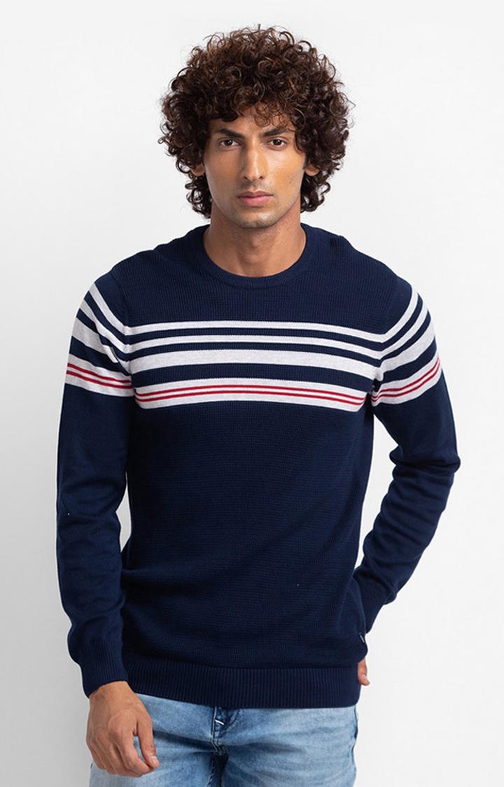 Spykar Navy Ash Melange Cotton Full Sleeve Casual Sweater For Men