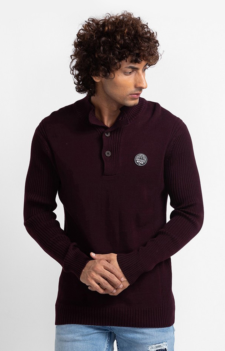 Spykar Wine Cotton Full Sleeve Casual Sweater For Men