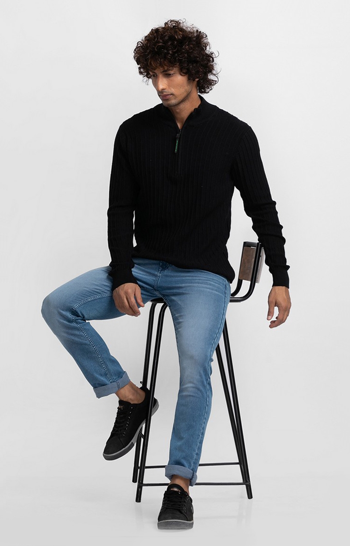 Spykar Black Cotton Full Sleeve Casual Sweater For Men