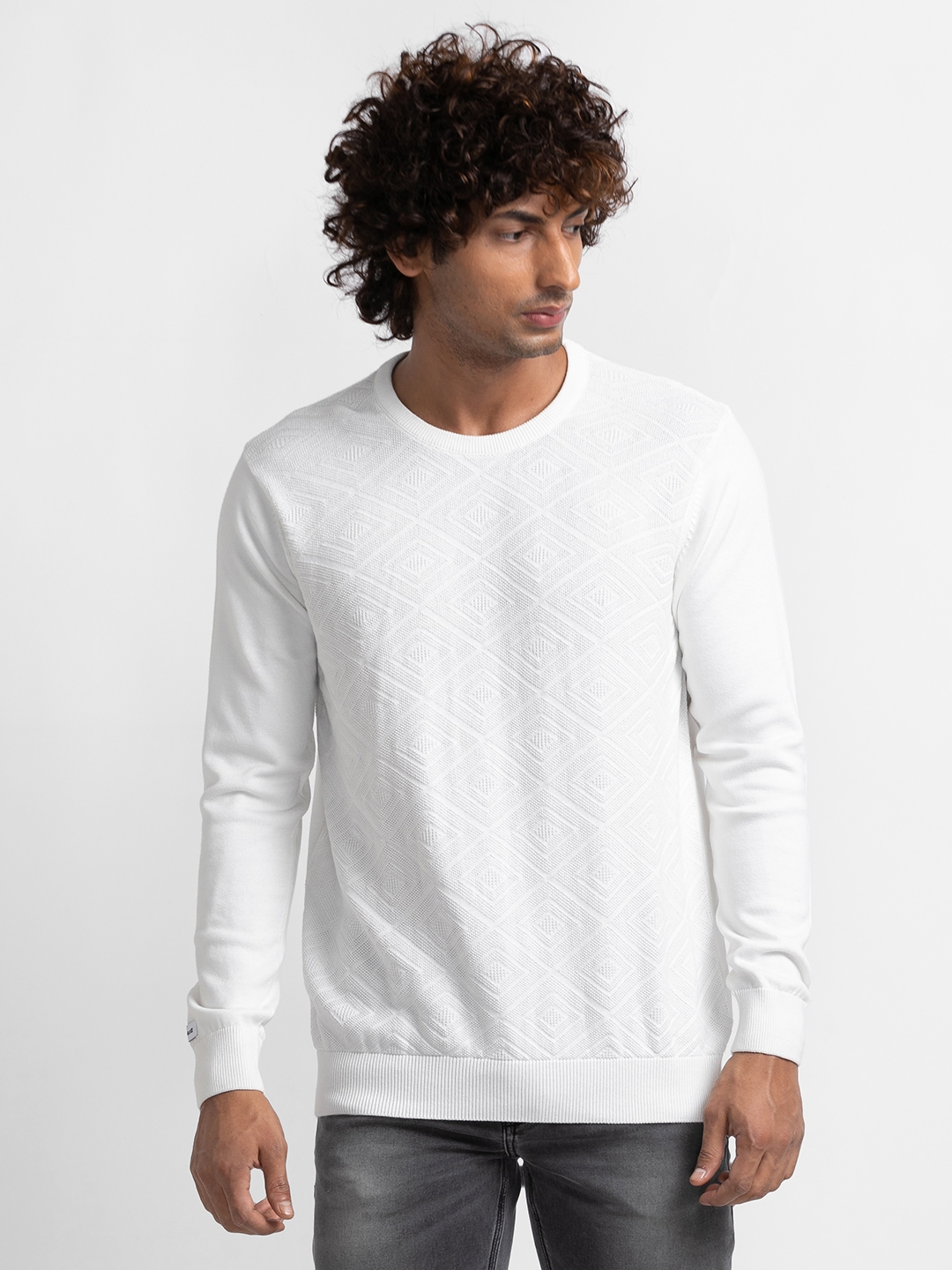 Spykar | Spykar Ecru Cotton Full Sleeve Casual Sweater For Men