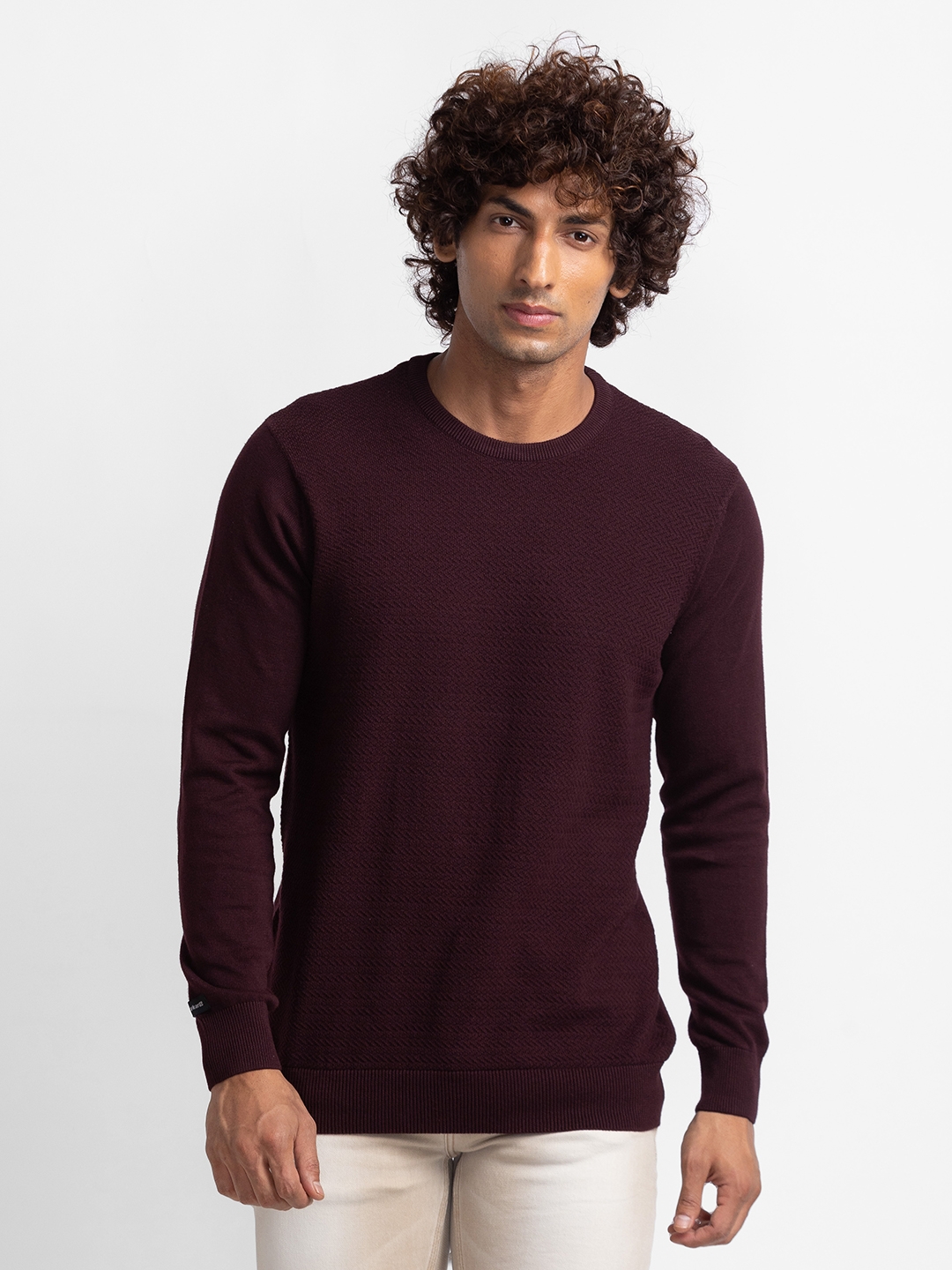 Spykar | Spykar Wine Cotton Full Sleeve Casual Sweater For Men