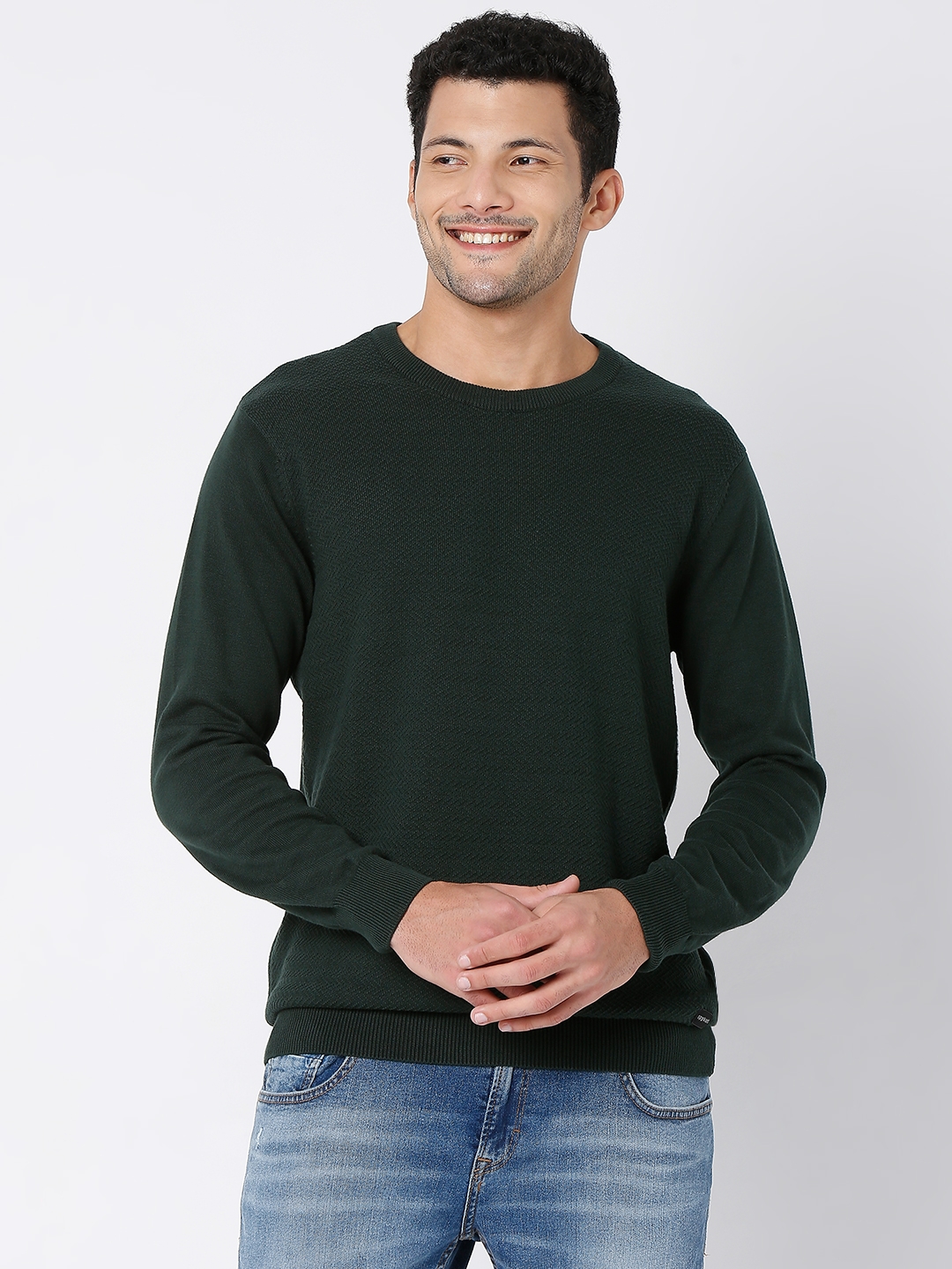 Spykar | Spykar Bottle Green Cotton Full Sleeve Casual Sweater For Men