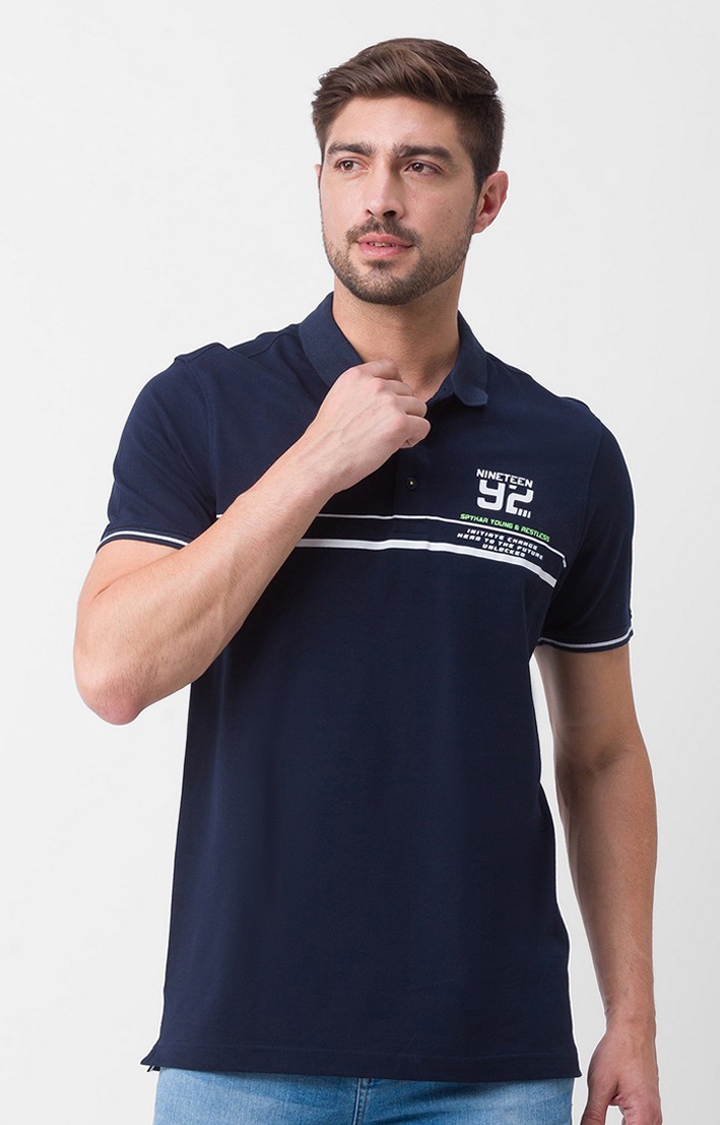 Spykar Navy Blue Cotton Half Sleeve Printed Casual Polo T-Shirt For Men