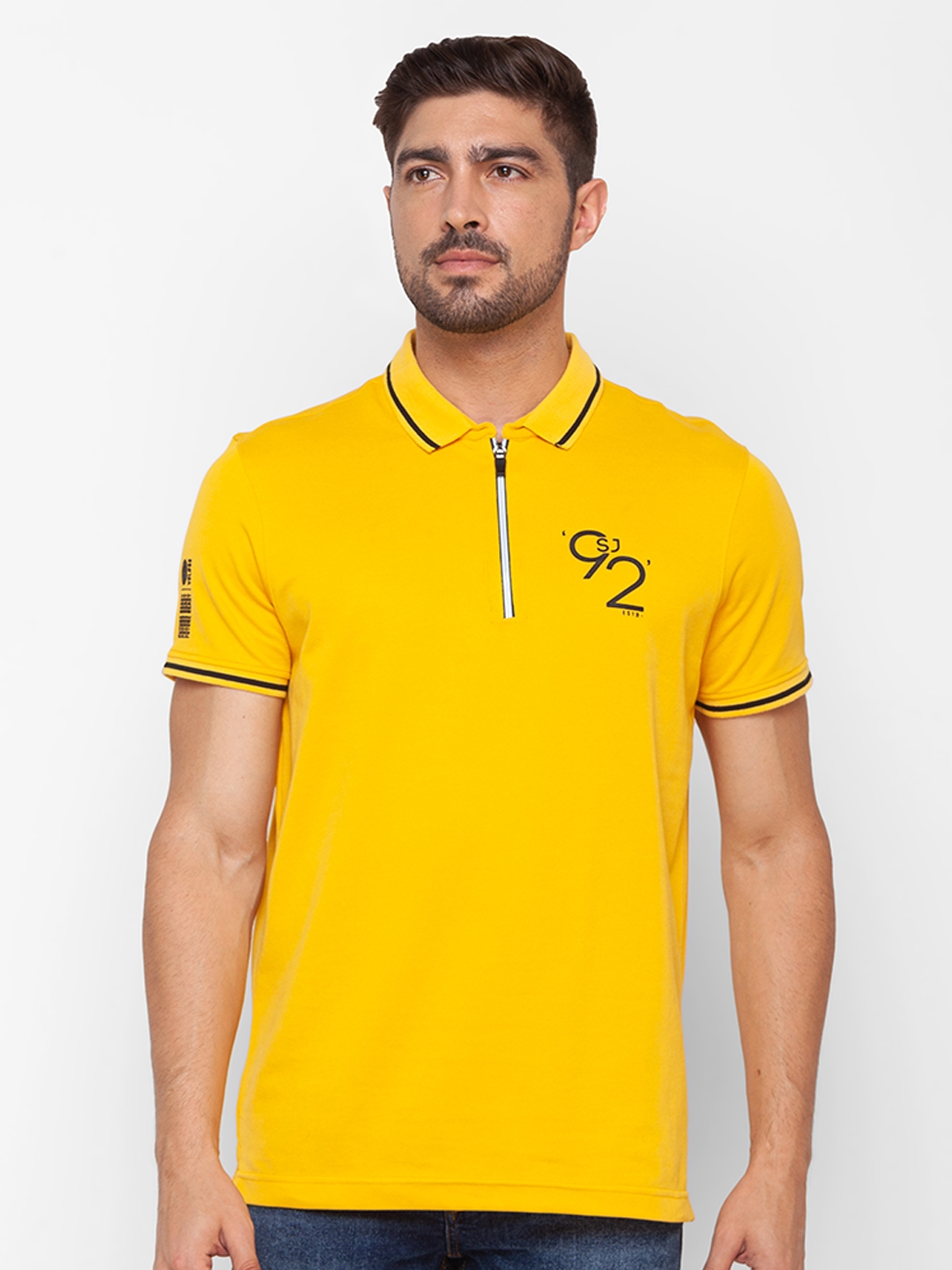 Spykar | Spykar Yellow Cotton Half Sleeve Plain Casual T-Shirt For Men