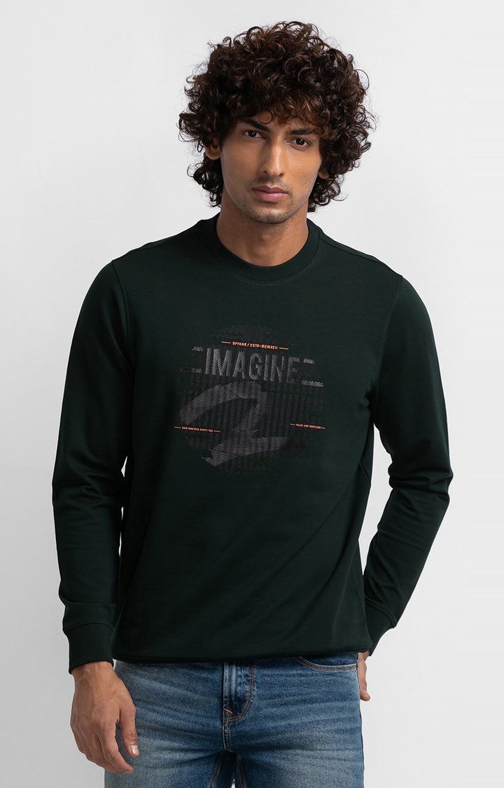 spykar | Spykar Bottle Green Cotton Full Sleeve Round Neck Sweatshirt For Men