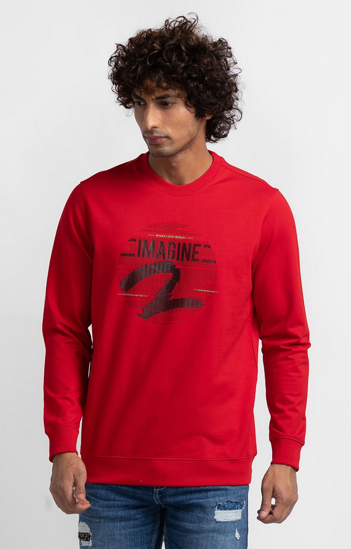 Spykar True Red Cotton Full Sleeve Round Neck Sweatshirt For Men