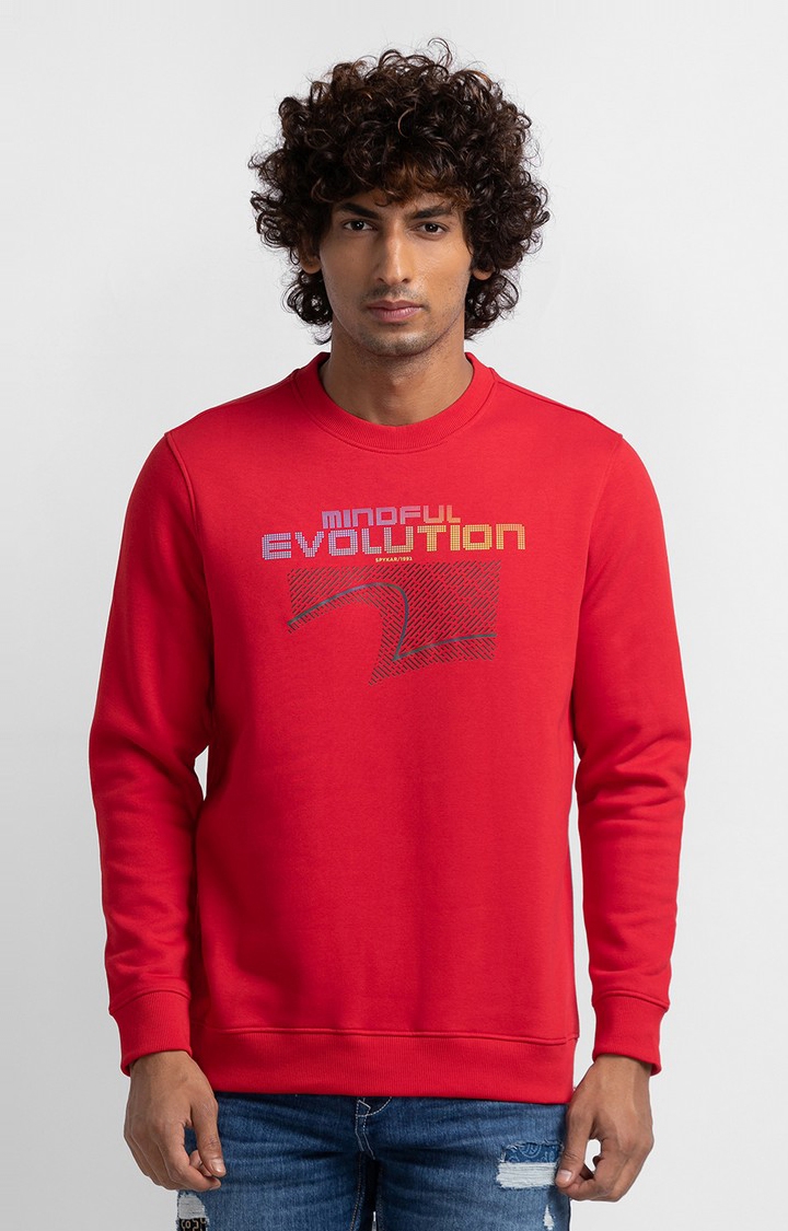 Spykar True Red Cotton Full Sleeve Round Neck Sweatshirt For Men