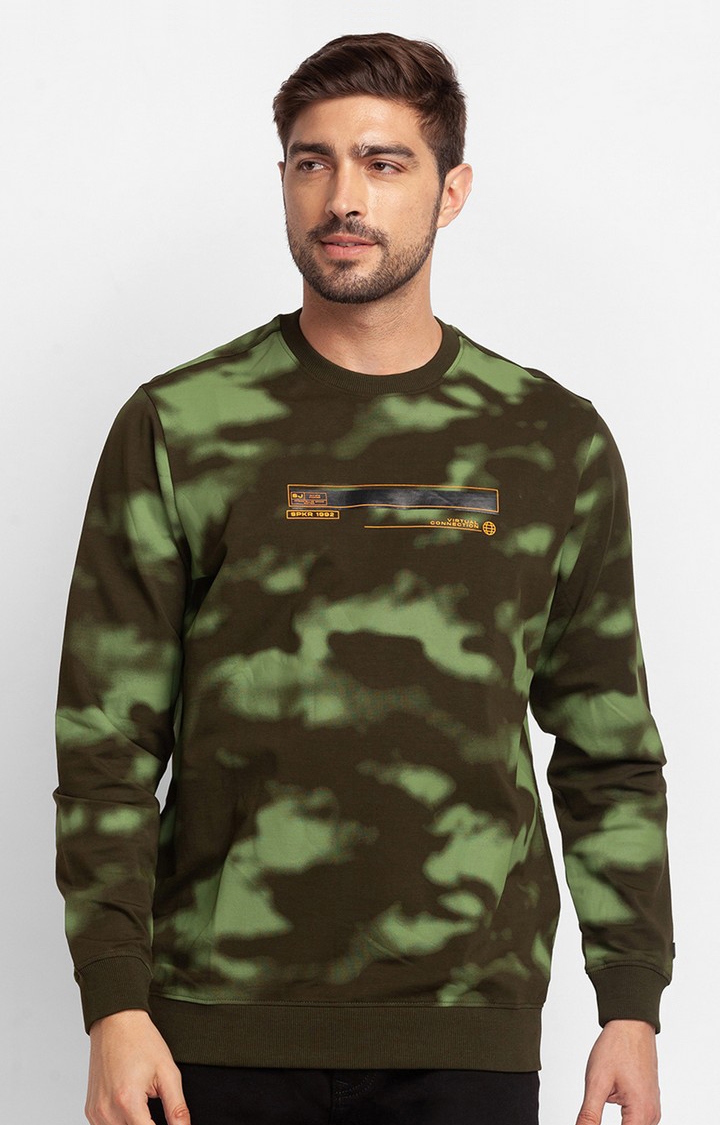 Spykar Rifle Green Cotton Full Sleeve Round Neck Sweatshirt For Men