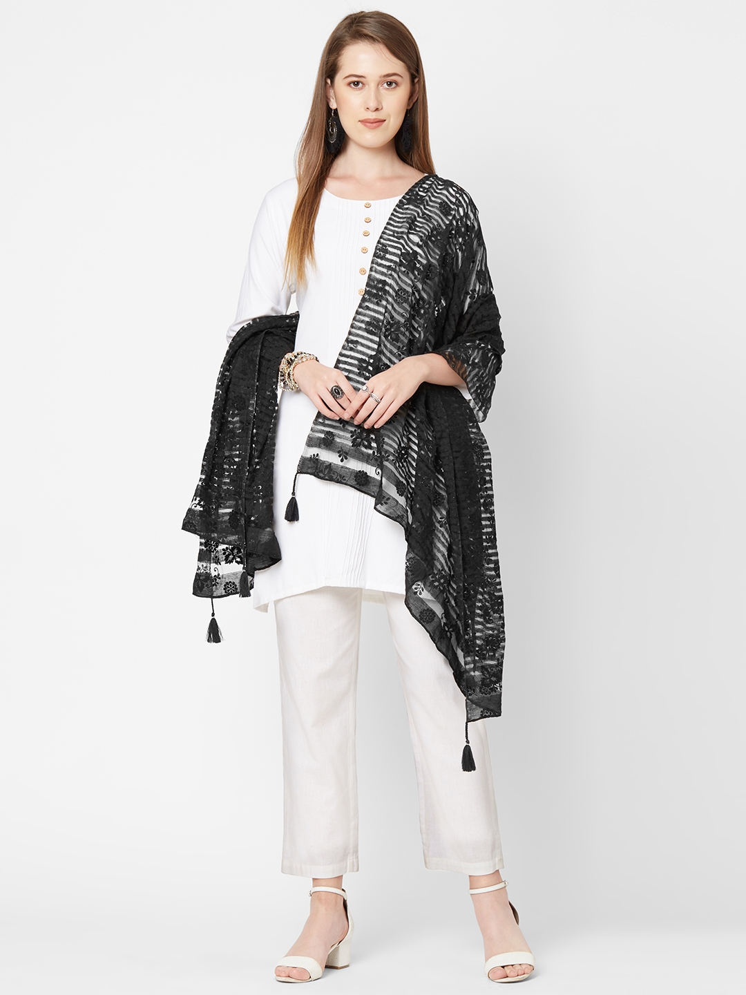 Get Wrapped | Get Wrapped Black Flock Printed Dupatta with Tassels for Women