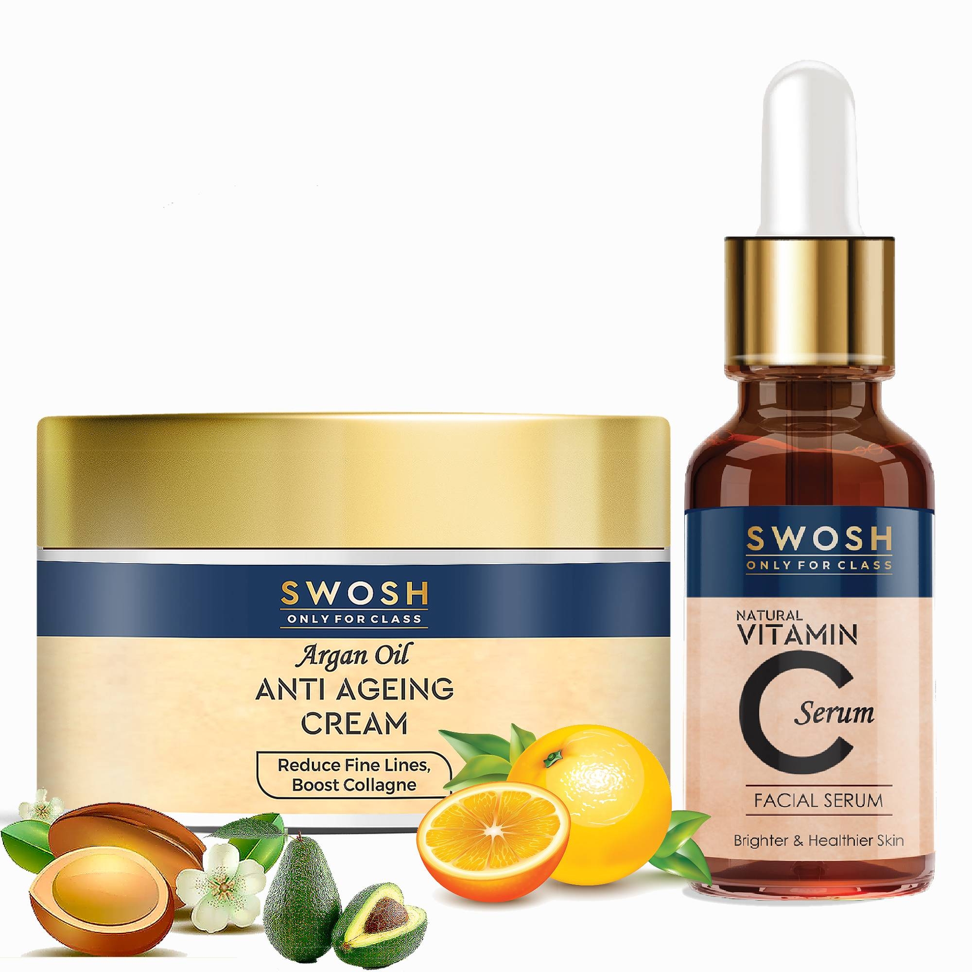 SWOSH Complete Skin Care Combo - Anti Ageing Face Cream 50 Gram Day & Night Jojoba & Argan Oil | Vitamin C Serum 30 ML For Skin Brightening, Anti Dark Spots, Acne, Wrinkles, Fine Lines & Pigmentation