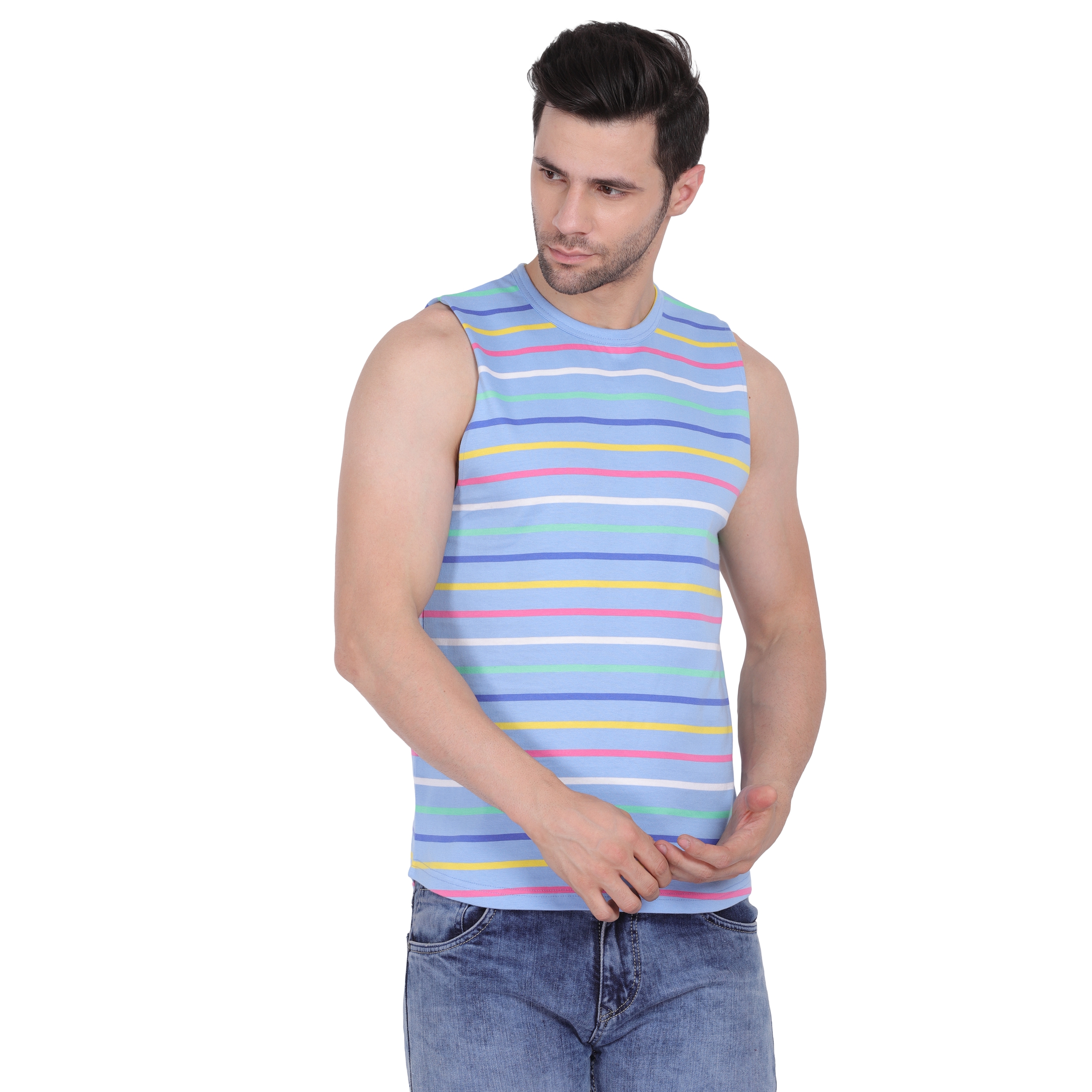 Styvibe | Styvibe Men Multi Color Striped Round Neck Sleeveless Vest T-Shirt
