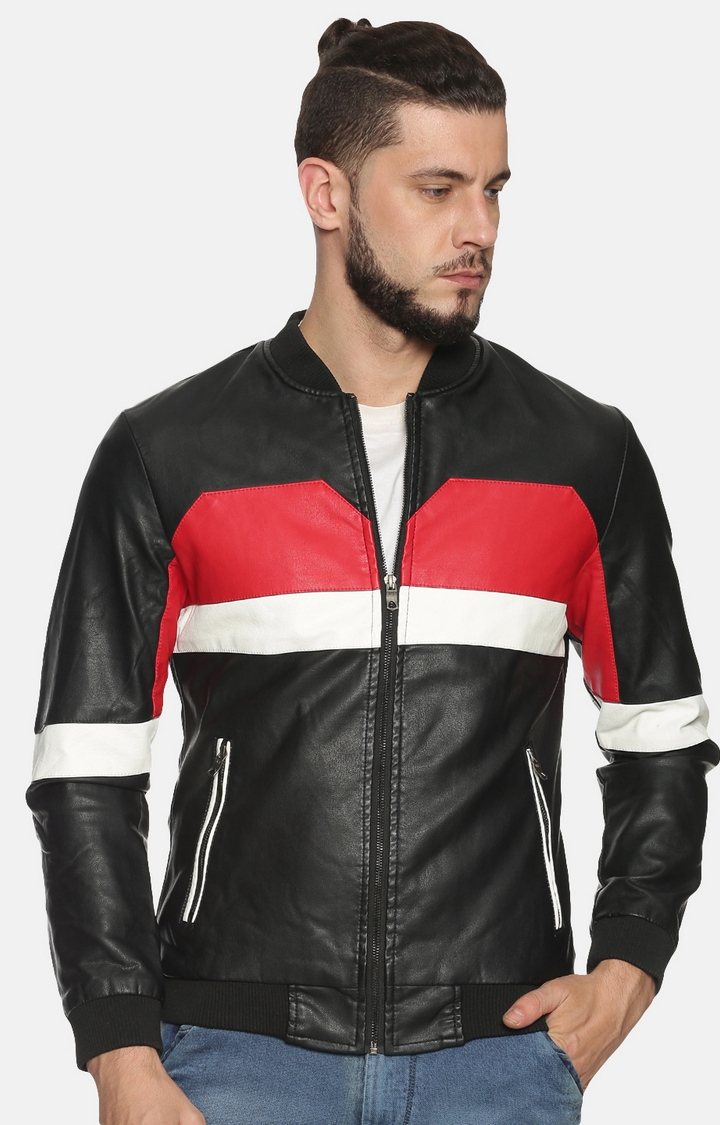 Men Black And Red Casual Colourblock Leather Jacket