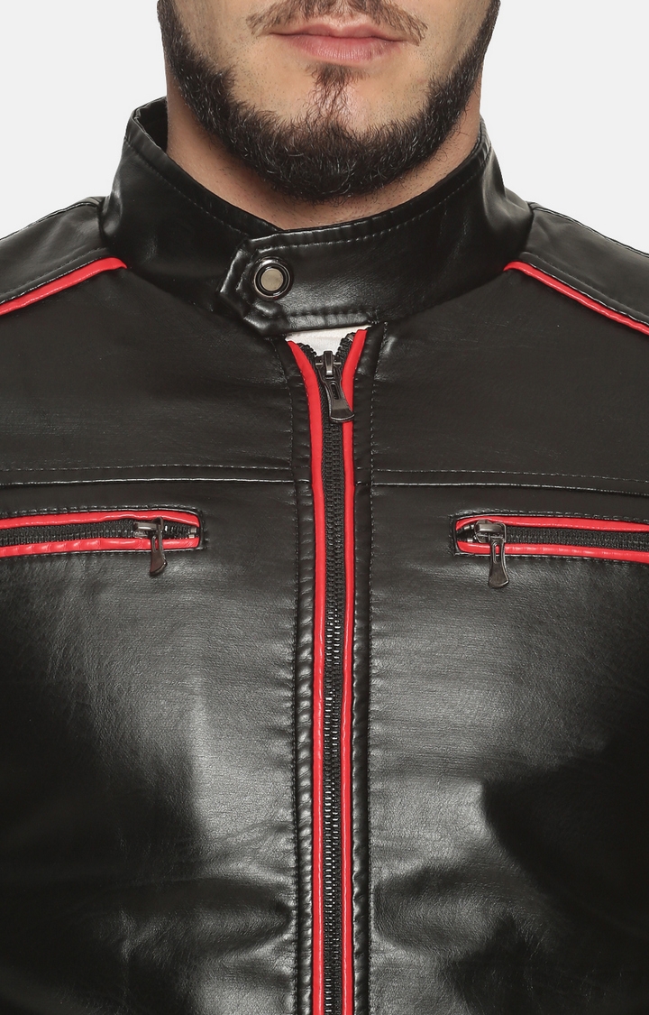 Men Black Casual Solid Leather Jacket