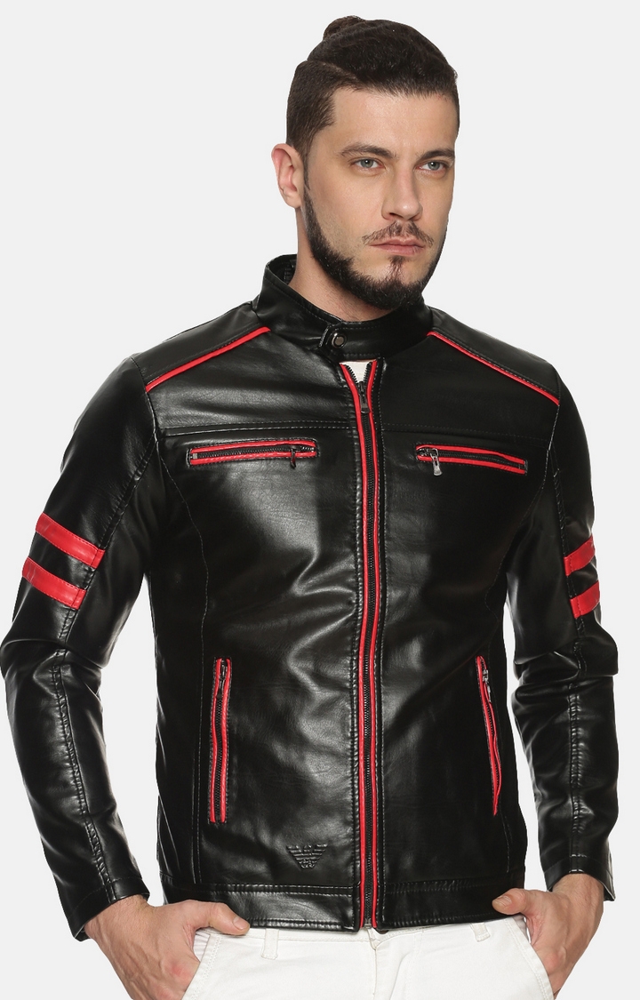 Showoff | Men Black Casual Solid Leather Jacket