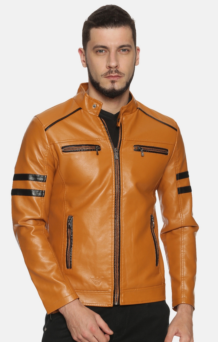 Men Tan Casual Solid Leather Jacket