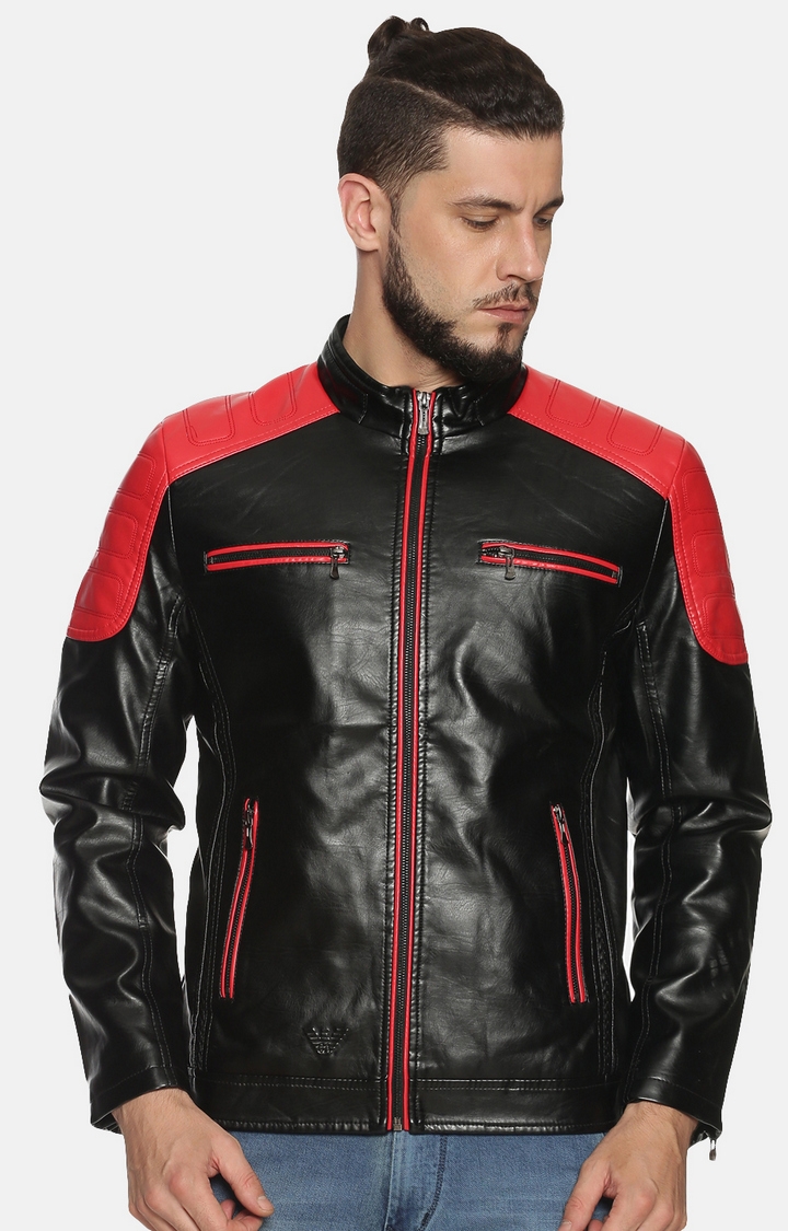 Men Black Casual Colourblock Leather Jacket