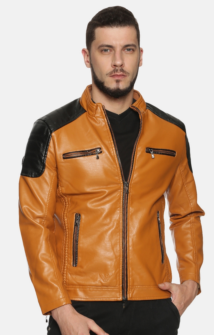 Men Tan Casual Colourblock Leather Jacket