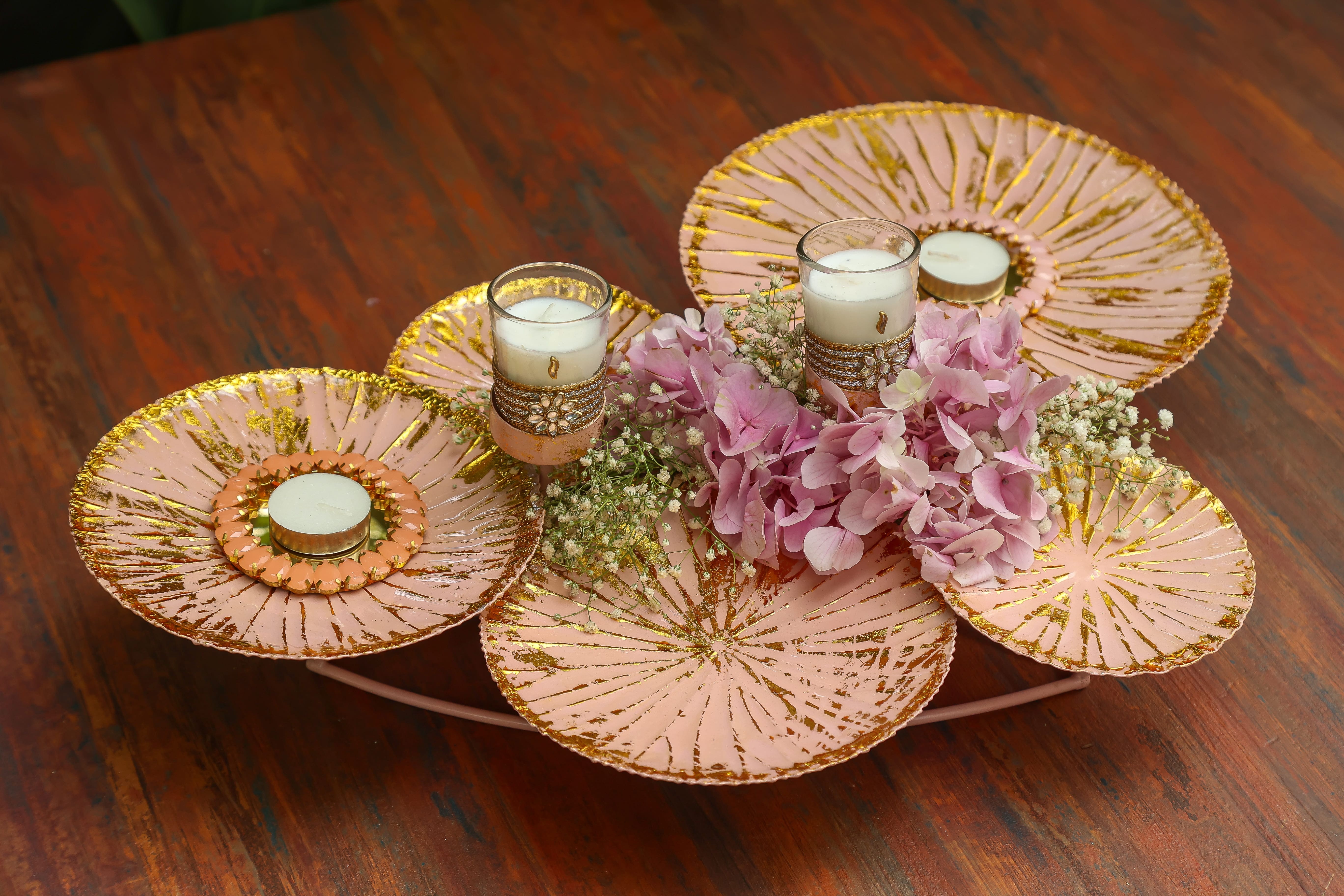 5 Lotus Leaf Candle Holder (Pink) with Diya