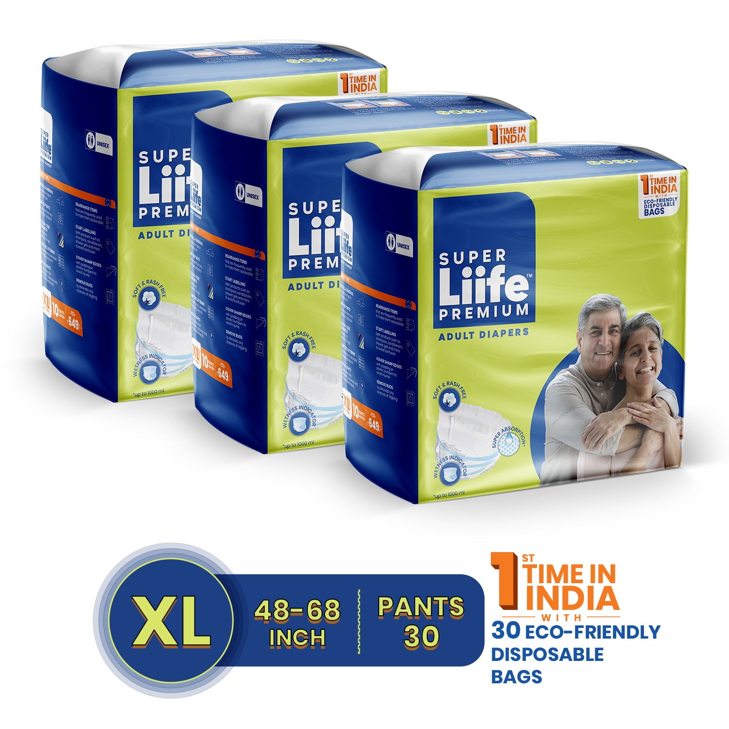 Super Liife | Super Liife Rash Free Adult Diapers Pants with Wetness Indicator and Disposable Bags - 30 Count (Extra Large)